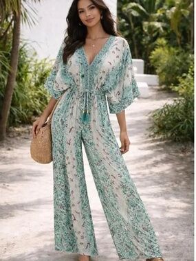 NWT Rhea Rubi Jumpsuit Boho Wide Leg Tassel Tie Waist Floral Green